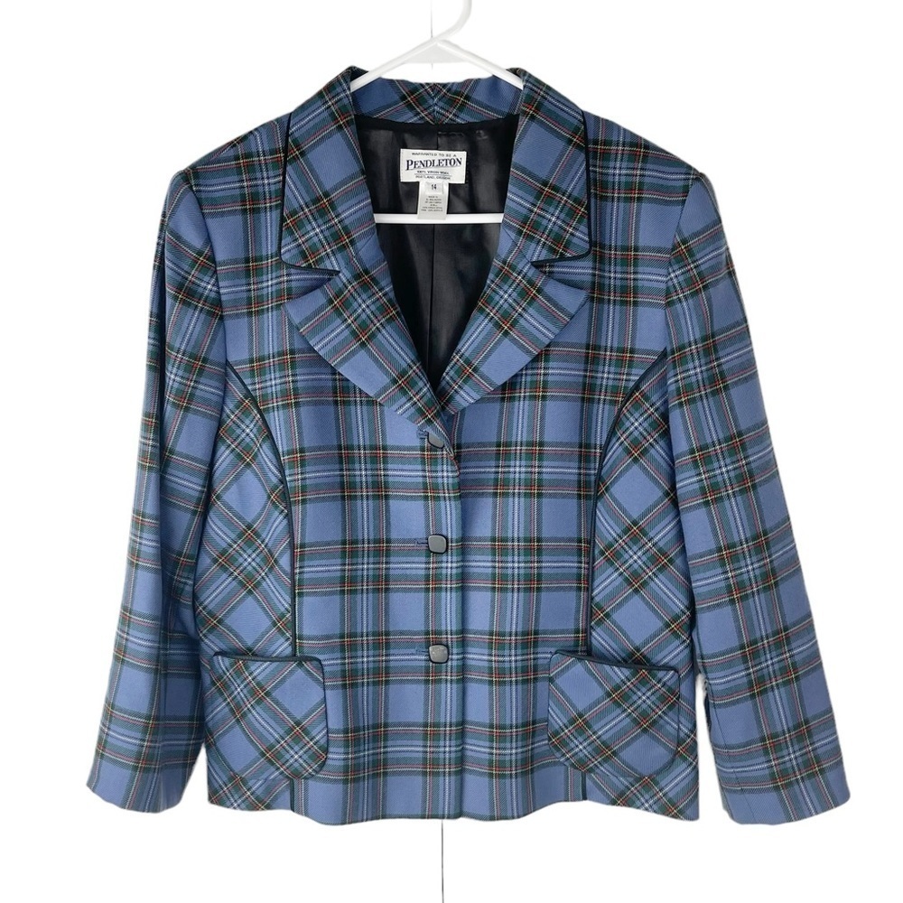 Vintage Pendleton Blue Plaid Virgin Wool Dainty Feminine Cropped Blazer Size 14